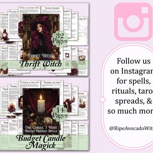 May include: Digital printables featuring witchy themes. The top image is labeled "Thrift Witch" with a portrait of a woman in a witch hat. The bottom image is labeled "Budget Candle Magick". The Instagram handle @RipeAvocadoWitch is also displayed.