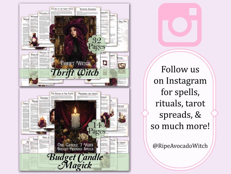 May include: Digital printables featuring witchy themes. The top image is labeled "Thrift Witch" with a portrait of a woman in a witch hat. The bottom image is labeled "Budget Candle Magick". The Instagram handle @RipeAvocadoWitch is also displayed.