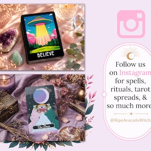 Puede incluir: Se muestran dos cartas de tarot. La carta superior presenta un OVNI colorido sobre un bosque con la palabra BELIEVE en la parte inferior. La carta inferior muestra una luna, un arco&iacute;ris y flores con el texto The Moon en la parte inferior.
