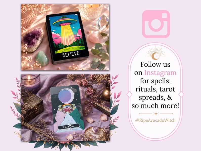 Puede incluir: Se muestran dos cartas de tarot. La carta superior presenta un OVNI colorido sobre un bosque con la palabra BELIEVE en la parte inferior. La carta inferior muestra una luna, un arco&iacute;ris y flores con el texto The Moon en la parte inferior.