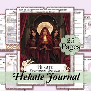 May include: A printable Hekate Devotional Journal with 25 pages. The cover features a digital illustration of three women in red robes with a full moon in the background. The text "Hekate Devotional Journal" is printed in gold.