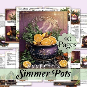 Puede incluir: Una descarga digital con 40 páginas de recetas de ollas a fuego lento. La imagen principal muestra una olla morada con rodajas de naranja, palitos de canela y hierbas. El texto "Simmer Pots" se muestra.