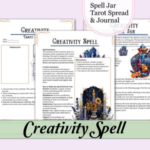 Puede incluir: Un tarot imprimible y un diario para un hechizo de creatividad. El tarot incluye indicaciones para la reflexión y el diario. El diario incluye afirmaciones e instrucciones para crear un frasco de hechizo de creatividad.