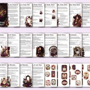 May include: A collection of pages from a book titled "Dollar Store Witchcraft." The pages feature text and illustrations on various topics, including store finds, hacks, and exercises. Decorative elements include floral arrangements and apothecary-style labels.