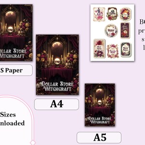 May include: Digital download featuring three sizes of "Dollar Store Witchcraft" art prints, including US Paper, A4, and A5. The artwork depicts a mystical scene with a crystal ball, candles, and floral arrangements. Bonus printable sticker labels are also included.
