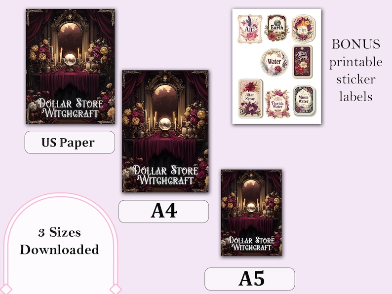 May include: Digital download featuring three sizes of "Dollar Store Witchcraft" art prints, including US Paper, A4, and A5. The artwork depicts a mystical scene with a crystal ball, candles, and floral arrangements. Bonus printable sticker labels are also included.