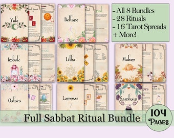 May include: A digital printable bundle of 8 different full moon rituals, 28 rituals, 16 tarot spreads, and more. The bundle includes a total of 104 pages. Each page features a different full moon with a unique design and color scheme. The full moons included are Yule, Imbolc, Ostara, Beltane, Litha, Lammas, Mabon, and Samhain.