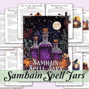 May include: A set of printable Samhain spell jar recipes with a digital illustration of three purple potion bottles with a full moon and stars in the background.