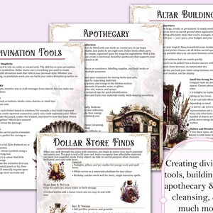 May include: A collection of printed pages with text and illustrations, including titles like "Divination Tools" and "Dollar Store Finds." The pages offer guidance on creating tools and building altars.