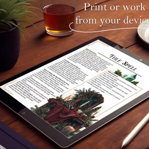 May include: A printable Yule spell with affirmations, instructions, and a festive illustration of a decorated table with candles, greenery, and a mirror. The text includes the phrase "Yule Spell".