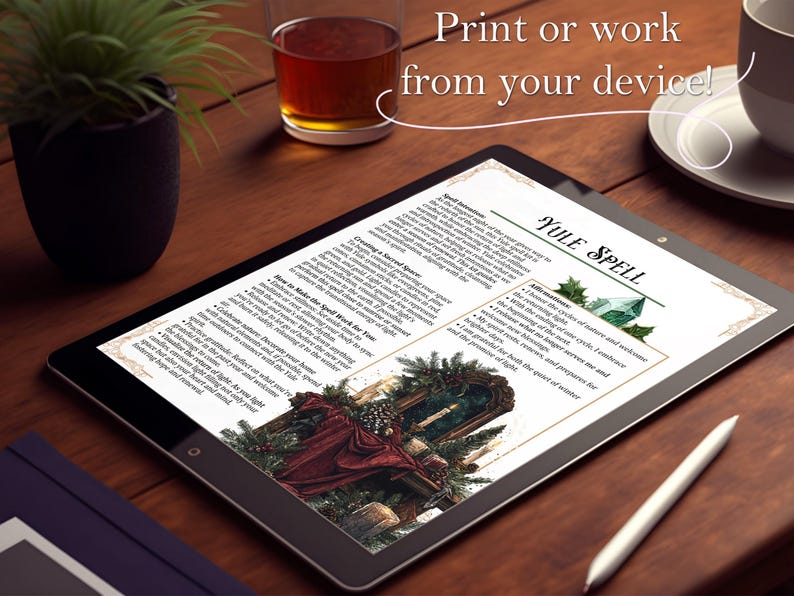 May include: A printable Yule spell with affirmations, instructions, and a festive illustration of a decorated table with candles, greenery, and a mirror. The text includes the phrase "Yule Spell".