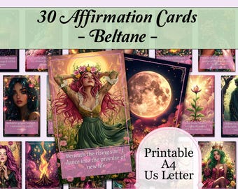 May include: A set of 30 printable affirmation cards with a pink and green colour scheme. The cards feature a variety of images, including a woman with pink hair dancing in a field, a full moon, and a flower blooming. The text on the cards reads "30 Affirmation Cards - Beltane - Beneath the rising sun, I dance into the promise of new life." The cards are printable in A4 or US Letter size.