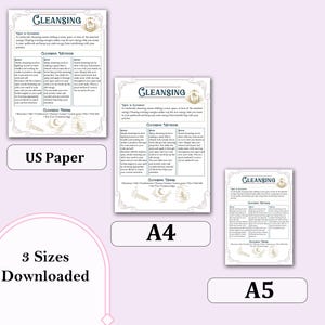 May include: Printable guide with the title "Cleansing" in gold lettering. The guide includes information on cleansing methods and cleansing times. The guide is available in three sizes: US Paper, A4, and A5.