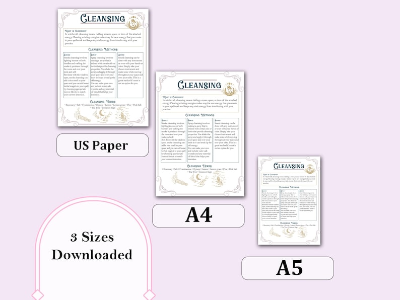 May include: Printable guide with the title "Cleansing" in gold lettering. The guide includes information on cleansing methods and cleansing times. The guide is available in three sizes: US Paper, A4, and A5.