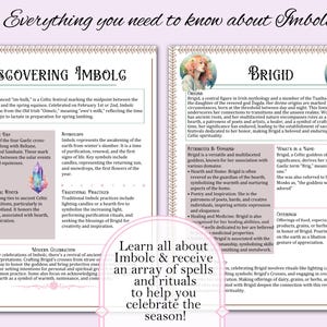 Puede incluir: Una gu&iacute;a ilustrada colorida sobre la festividad celta de Imbolc, con una representaci&oacute;n de la diosa Brigid. La gu&iacute;a incluye informaci&oacute;n sobre los or&iacute;genes, el simbolismo y las tradiciones de Imbolc, as&iacute; como los atributos y dominios de la diosa Brigid.