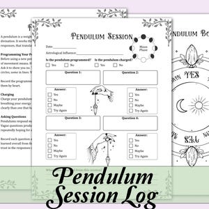 Può includere: Registro di sessione del pendolo stampabile in bianco e nero e tavola del pendolo. Il registro della sessione include sezioni per domande, risposte e influenza astrologica. La tavola presenta le opzioni "Sì", "No" e "Forse".
