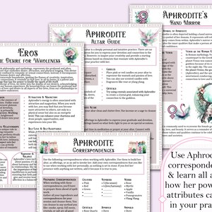 May include: Aphrodite altar guide with pink and red candles, crystals, and a hand mirror. The guide includes correspondences for working with the goddess, including colors, numbers, herbs, and crystals.