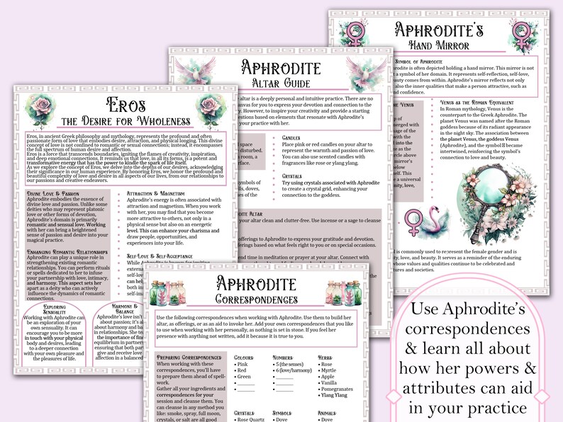 May include: Aphrodite altar guide with pink and red candles, crystals, and a hand mirror. The guide includes correspondences for working with the goddess, including colors, numbers, herbs, and crystals.