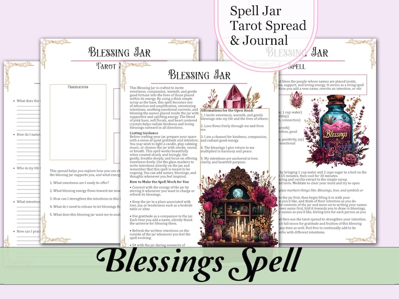 Blessings Jar Spell Kit | Spell Jar Recipe, Guide, Affirmations, Journal Prompts, Tarot Spread - Printable Pages