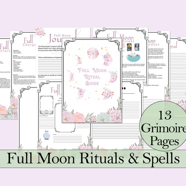 Guide du rituel de la pleine lune | Lot Livre des ombres | Sorts, invites du journal, jeu de tarot et plus encore | Imprimable