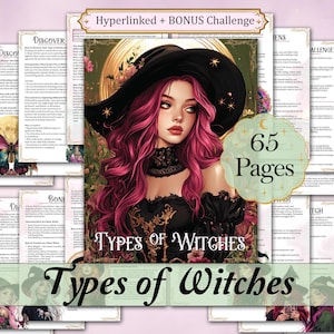 Może przedstawiać: 65-stronicowy cyfrowy przewodnik zatytułowany Types of Witches z ilustracją osoby z długimi różowymi włosami w czarnym kapeluszu i koronkowej bluzce. Strony zawierają tekst o czarostwie, w tym sekcje o ścieżkach i rytuałach.