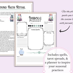 Puede incluir: Un planificador imprimible para la temporada de Imbolc, con un dise&ntilde;o en blanco y negro con ilustraciones de frascos y un rastreador de fases lunares. El planificador incluye secciones para objetivos, hechizos, ofrendas y reflexiones. El texto "Imbolg Planner" est&aacute; en la parte superior de la p&aacute;gina.