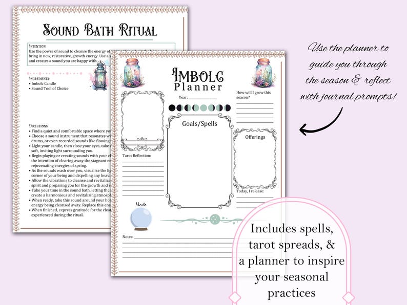 Puede incluir: Un planificador imprimible para la temporada de Imbolc, con un dise&ntilde;o en blanco y negro con ilustraciones de frascos y un rastreador de fases lunares. El planificador incluye secciones para objetivos, hechizos, ofrendas y reflexiones. El texto "Imbolg Planner" est&aacute; en la parte superior de la p&aacute;gina.