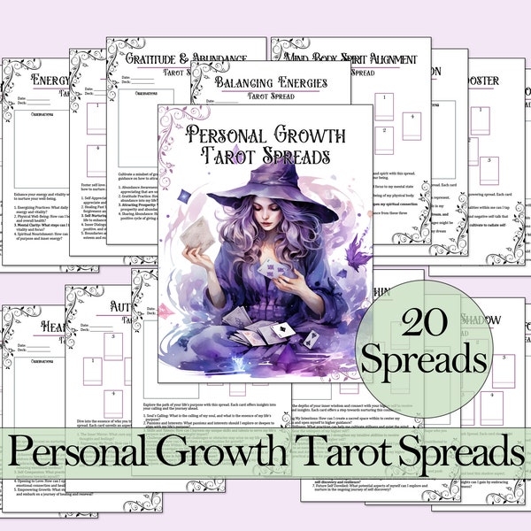 Self Discovery & Personal Growth Tarot Spread Journal + Guide | 20 Tarot Spreads to Embrace Your Best Self - Printable Pages