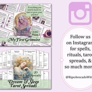 May include: A digital download of a 226-page grimoire with illustrations and a 20-page guide to dream and sleep tarot spreads. The text on the cover reads "My First Grimoire".