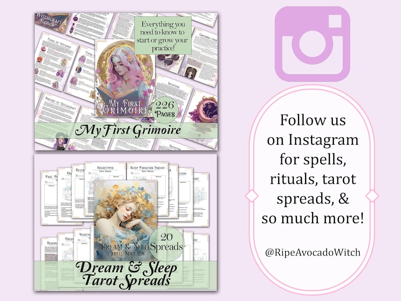 May include: A digital download of a 226-page grimoire with illustrations and a 20-page guide to dream and sleep tarot spreads. The text on the cover reads "My First Grimoire".