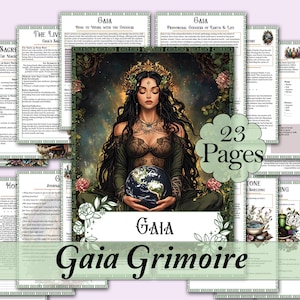 May include: A digital grimoire titled "Gaia Grimoire" with 23 pages. The cover features an illustration of a woman holding a globe, with the word "Gaia" below. Surrounding pages contain text and illustrations.