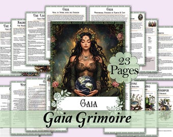 May include: A digital grimoire titled "Gaia Grimoire" with 23 pages. The cover features an illustration of a woman holding a globe, with the word "Gaia" below. Surrounding pages contain text and illustrations.