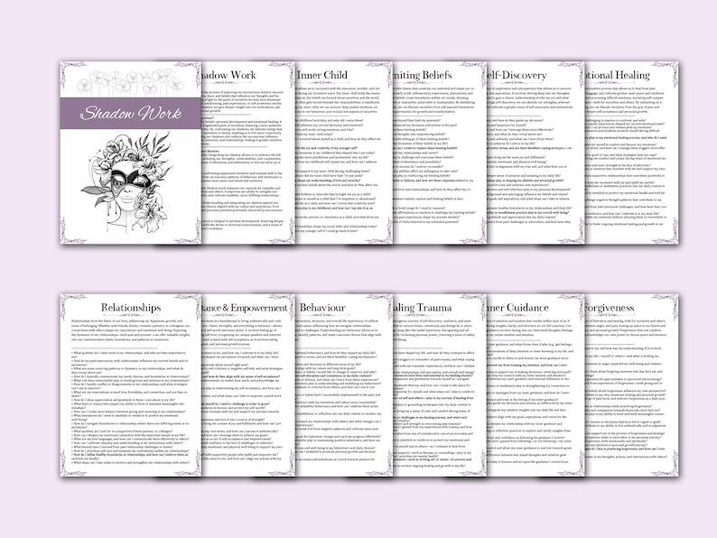 May include: A collection of printable worksheets with a purple and white floral design. The first worksheet is titled "Shadow Work" and features an illustration of a woman wearing a mask. Other topics include "Inner Child" and "Relationships".