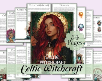 May include: Digital download set on Celtic Witchcraft, featuring 54 pages. The central image shows a woman with red hair, holding a lantern. The title "Celtic Witchcraft" is displayed, with additional pages detailing elements, nature, and faith.