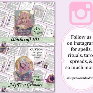 May include: A digital printable grimoire with a pink and purple cover featuring a woman with long pink hair and a crown of flowers. The text on the cover reads "My First Grimoire" and "226 Pages".