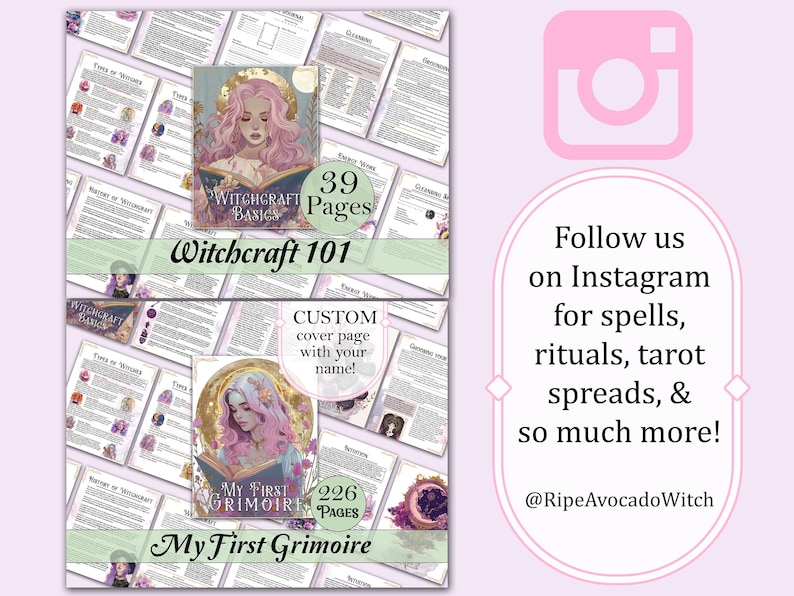 May include: A digital printable grimoire with a pink and purple cover featuring a woman with long pink hair and a crown of flowers. The text on the cover reads "My First Grimoire" and "226 Pages".