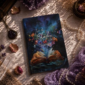 Puede incluir: Un diario rectangular con una cubierta azul oscuro que presenta una ilustraci&oacute;n gr&aacute;fica de un libro abierto que emite flores coloridas y luz. El texto en la cubierta dice Into the Shadow Oracle Journal en fuentes blancas y azul claro.