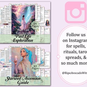 以下が含まれることがあります： 「Past Life Exploration」と「Starseed Ascension Guide」の2つのガイドが表紙付きで表示されています。最初のガイドは、滝の近くに白いドレスを着た女性がいます。2番目のガイドは、青い髪の女性がいます。画像にはテキストも含まれています。「Instagramで、呪文、儀式、タロットスプレッドなどをもっとフォローしてください！」