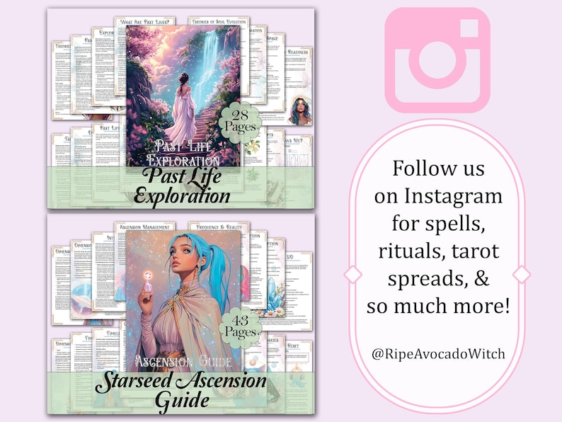 以下が含まれることがあります： 「Past Life Exploration」と「Starseed Ascension Guide」の2つのガイドが表紙付きで表示されています。最初のガイドは、滝の近くに白いドレスを着た女性がいます。2番目のガイドは、青い髪の女性がいます。画像にはテキストも含まれています。「Instagramで、呪文、儀式、タロットスプレッドなどをもっとフォローしてください！」