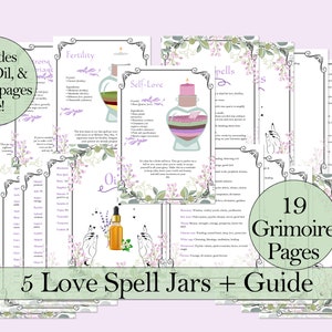 Love Spell Jar Recipe Bundle | 5 Spells For Love With Correspondences - Printable Pages