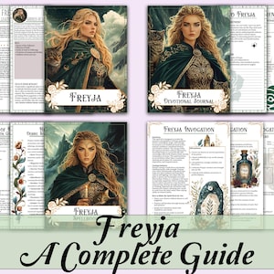 Könnte beinhalten: Ein vollständiger Leitfaden mit Illustrationen einer Frau mit langen blonden Haaren, die einen grünen Umhang trägt. Der Leitfaden enthält den Text "FREYJA" und "DEVOTIONAL JOURNAL". Der Titel "Freyja: A Complete Guide" wird unten angezeigt.