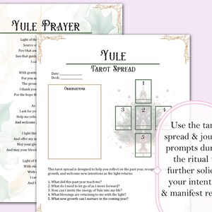 May include: A printable Yule tarot spread with a green and white watercolor background. The spread is designed to help you reflect on the past year, recognize growth, and welcome new intentions as the light returns. The spread includes five cards, numbered 1 through 5, with a space for journaling and observations.