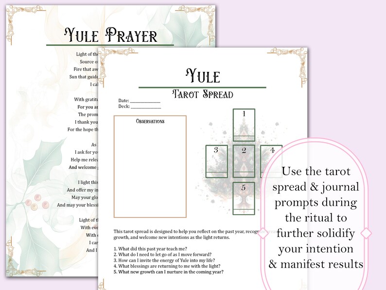 May include: A printable Yule tarot spread with a green and white watercolor background. The spread is designed to help you reflect on the past year, recognize growth, and welcome new intentions as the light returns. The spread includes five cards, numbered 1 through 5, with a space for journaling and observations.