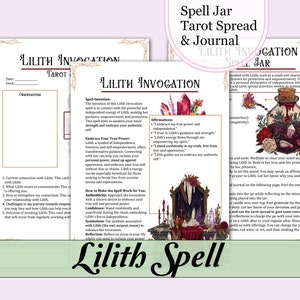 Könnte beinhalten: Ein druckbarer Tarot-Spread und ein Journal für ein Lilith-Zauberglas-Ritual. Der Spread enthält Aufforderungen zur Reflexion und Affirmationen. Die Journal-Seite zeigt eine Schwarzweißillustration einer Frau mit einem dunklen Umhang und einer Kerze.