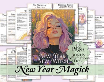 May include: A digital printable guide for new witches with a pink and purple illustration of a woman with glasses. The guide includes 45 pages and a bonus affirmation deck. The text on the image reads "New Year, New Witch" and "New Year Magick".