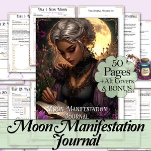 May include: A Moon Manifestation Journal with 50 pages and bonus content. The cover features an illustration of a woman writing, with a full moon in the background. The journal's title is displayed in elegant script.