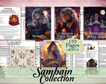 Op de afbeelding: Een digitale collectie van 133 pagina's genaamd Samhain Collection, met geïllustreerde pagina's over thema's als tarot-leggingen, spreukenpotten, pompoen-overvloedspreuken en waarzeggerijkaarten, versierd met paarse en oranje tinten.