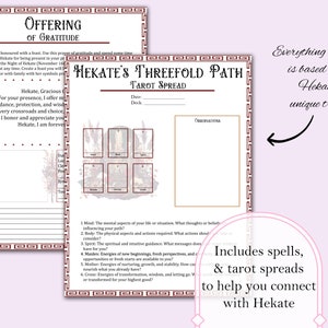 May include: A printable tarot spread for Hekate's Threefold Path. The spread includes three columns labeled "Mind", "Body", and "Spirit". The spread is designed to help you connect with Hekate.