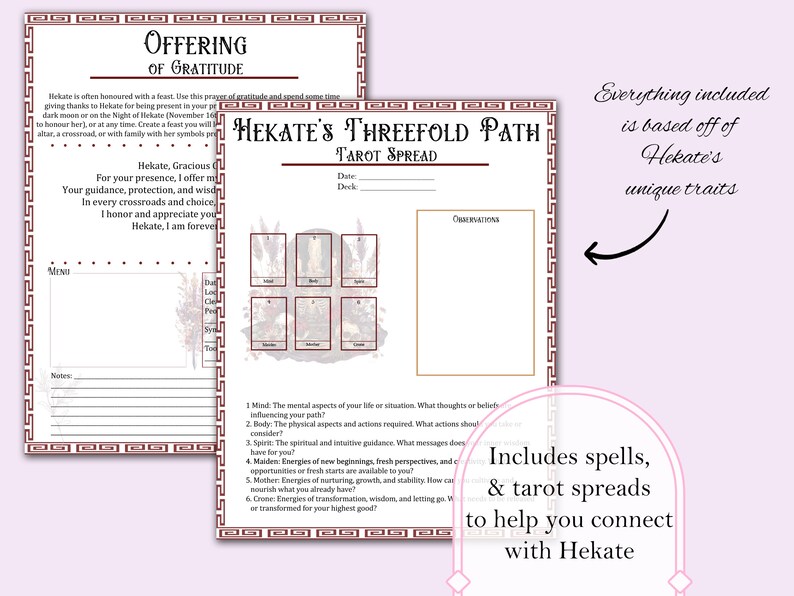 May include: A printable tarot spread for Hekate's Threefold Path. The spread includes three columns labeled "Mind", "Body", and "Spirit". The spread is designed to help you connect with Hekate.