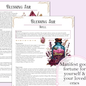 May include: A Blessing Jar spell guide with a teal jar labeled "Blessings" surrounded by flowers. The guide includes ingredients like syrup, crystals, and lavender. Text reads "Manifest good fortune for yourself & your loved ones."